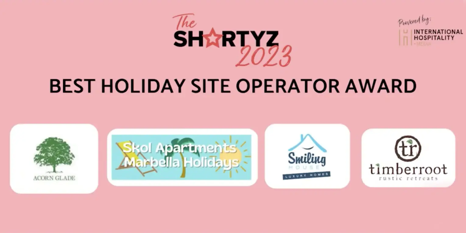 Image showing the shortlist nominees for the 2023 Shortyz Short Term Vacation Rental Awards, text on image reads The Shortyz 2023 - Best Holiday Site Operator Award Nominees Acorn Glade, Skol Apartments Marbella Holidays, Smiling House Luxury Homes, Timberroot Rustic Retreats