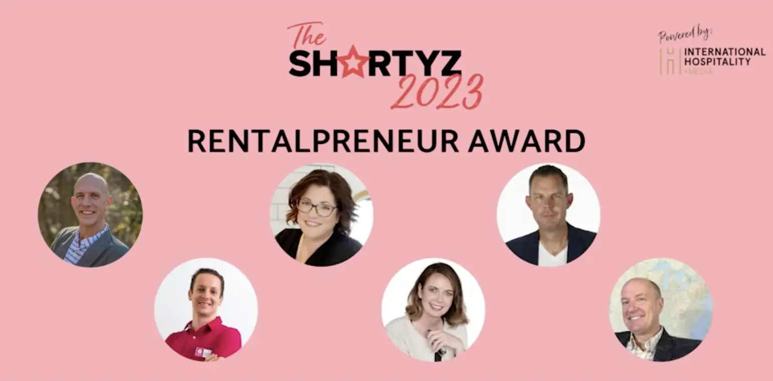 Image showing the shortlist nominees for the 2023 Shortyz Short Term Vacation Rental Awards, text on image reads The Shortyz 2023 - Rentalpreneur Award Images of the six nominees are shown including Timberroot CEO Frank May