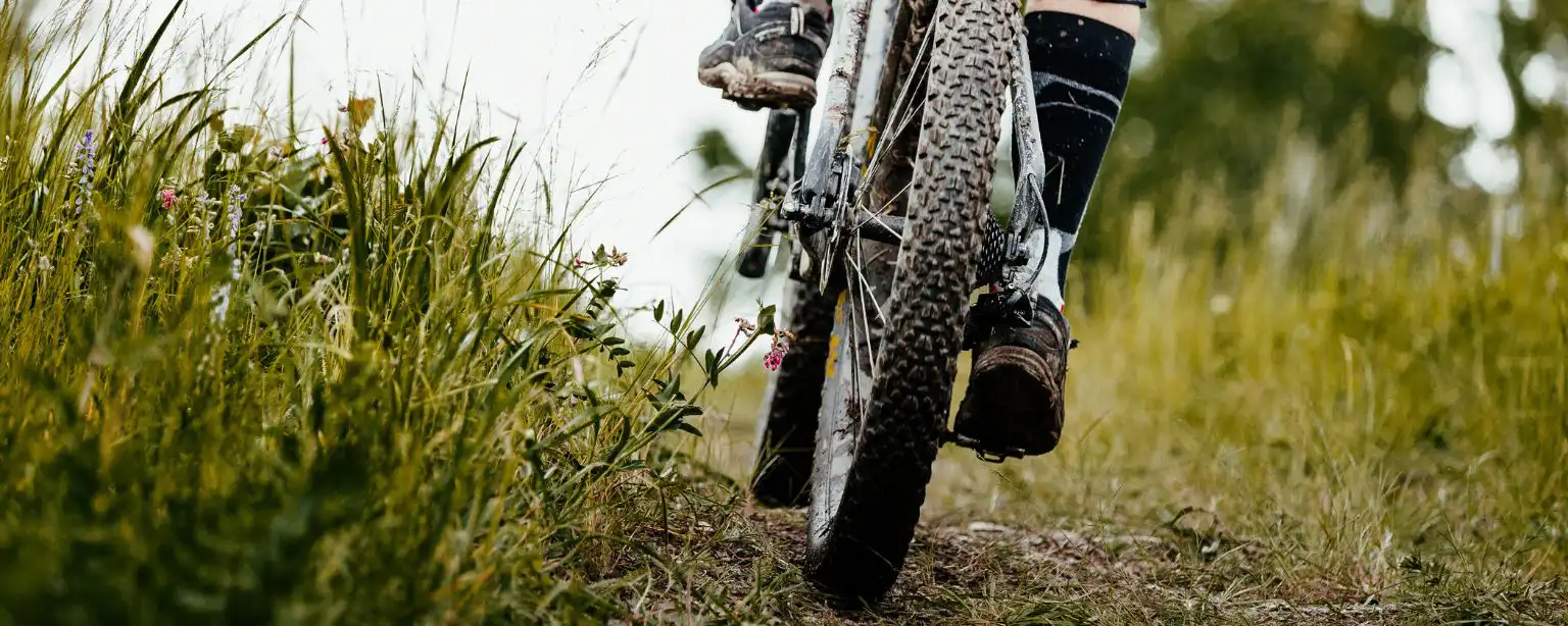 A close up shot from behind a mountain biker riding through a field 