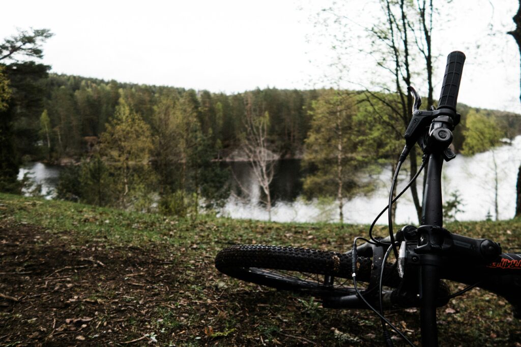 A mountain bike lays on the ground at the forefront with a lake in the background