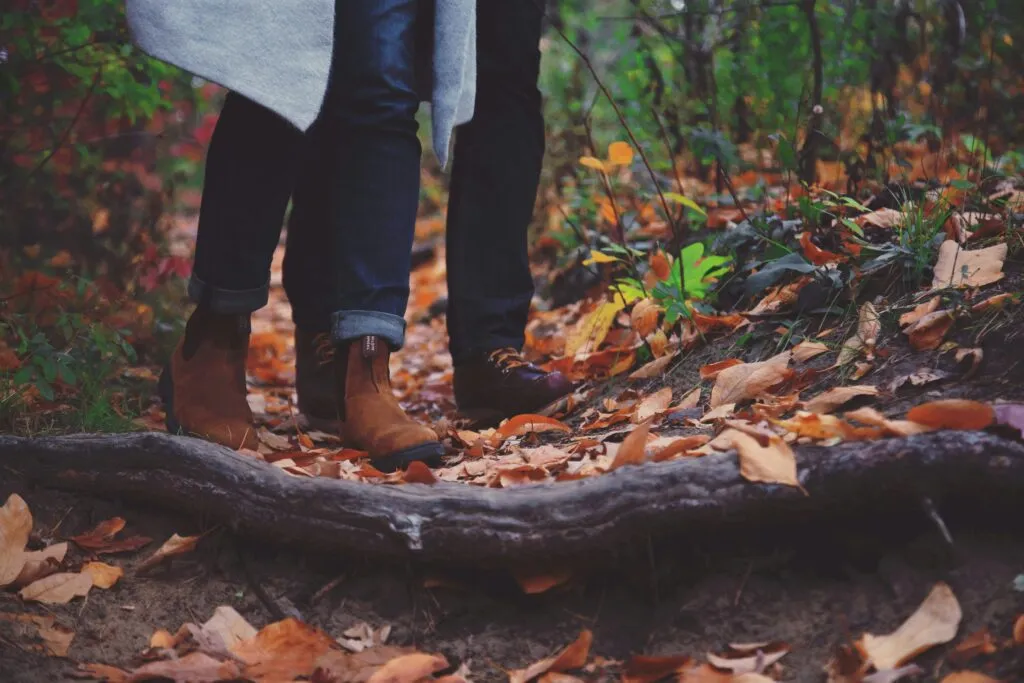 Two people walking through the woods with fallen autumn leaves on the ground