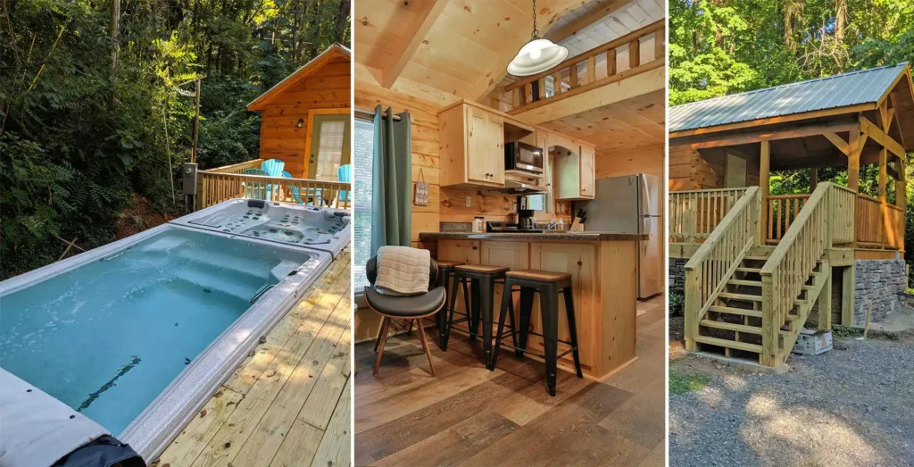 series of photos depicting tiny cabin deck with swim spa