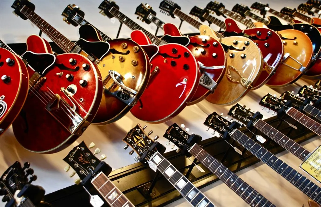 Guitars lined up in a row 