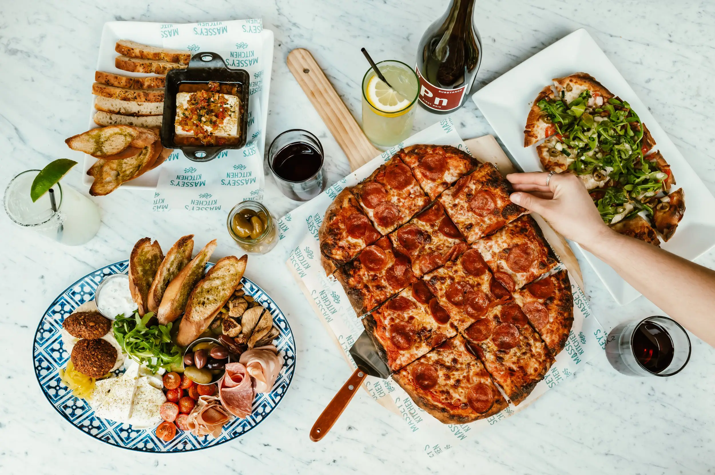 overhead view of menu items at Massy's Restaurant