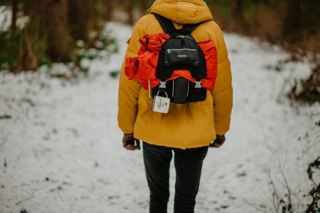 Behind shot of a person dressed in winter gear walking along a winter forest trail