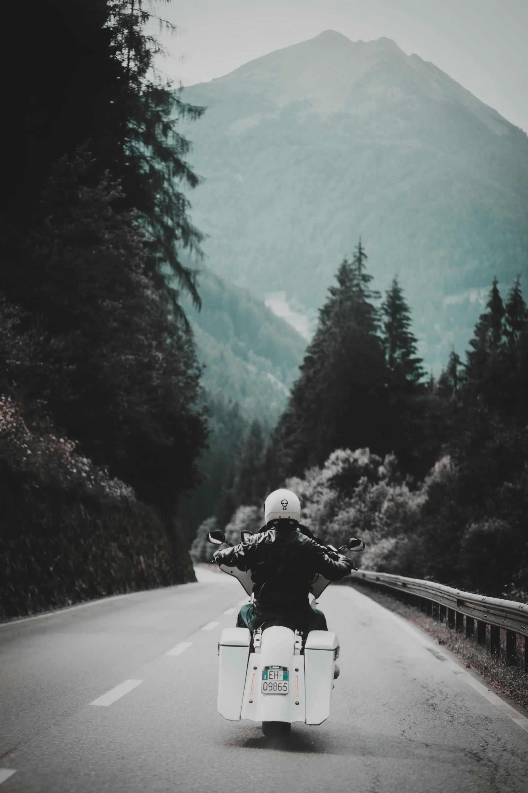 A solo motorcyclist riding on a road with forest and mountains in the distance