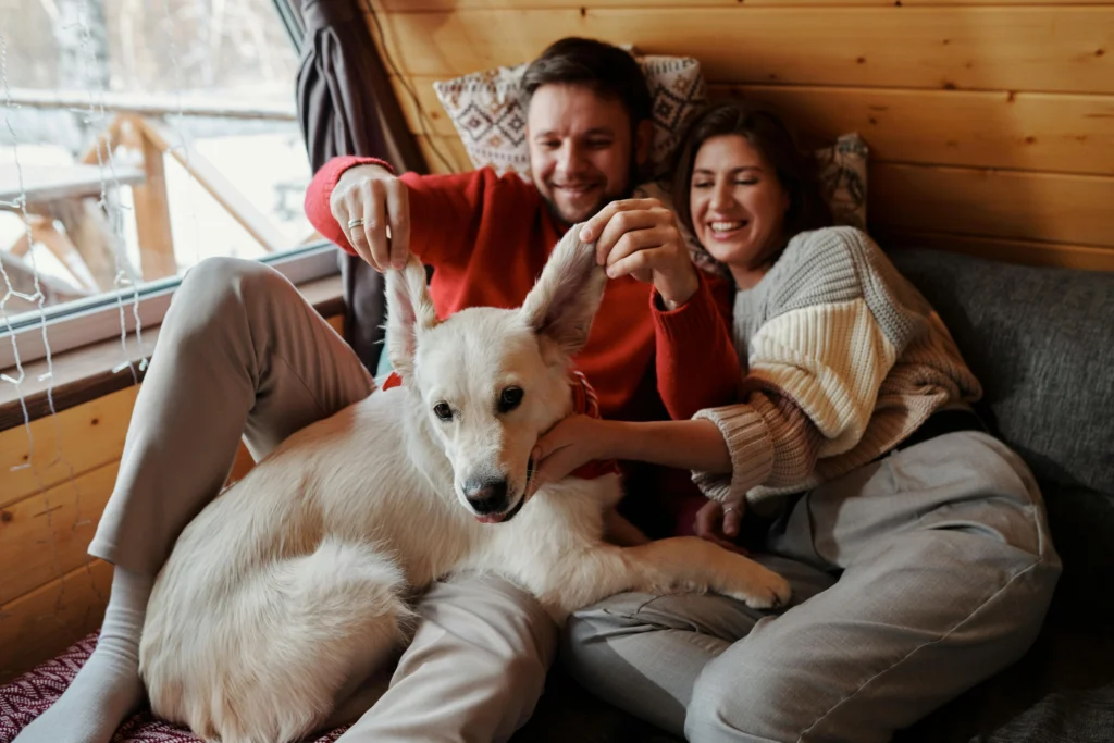 A couple sitting in cabins that allow pets, and a happy dog sitting on their lap