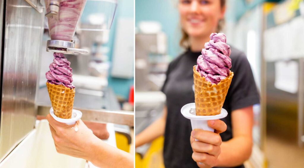 A swirl of purple ice cream being dispensed into a waffle cone at The Ice Cream Show in Chattanooga, TN. T
