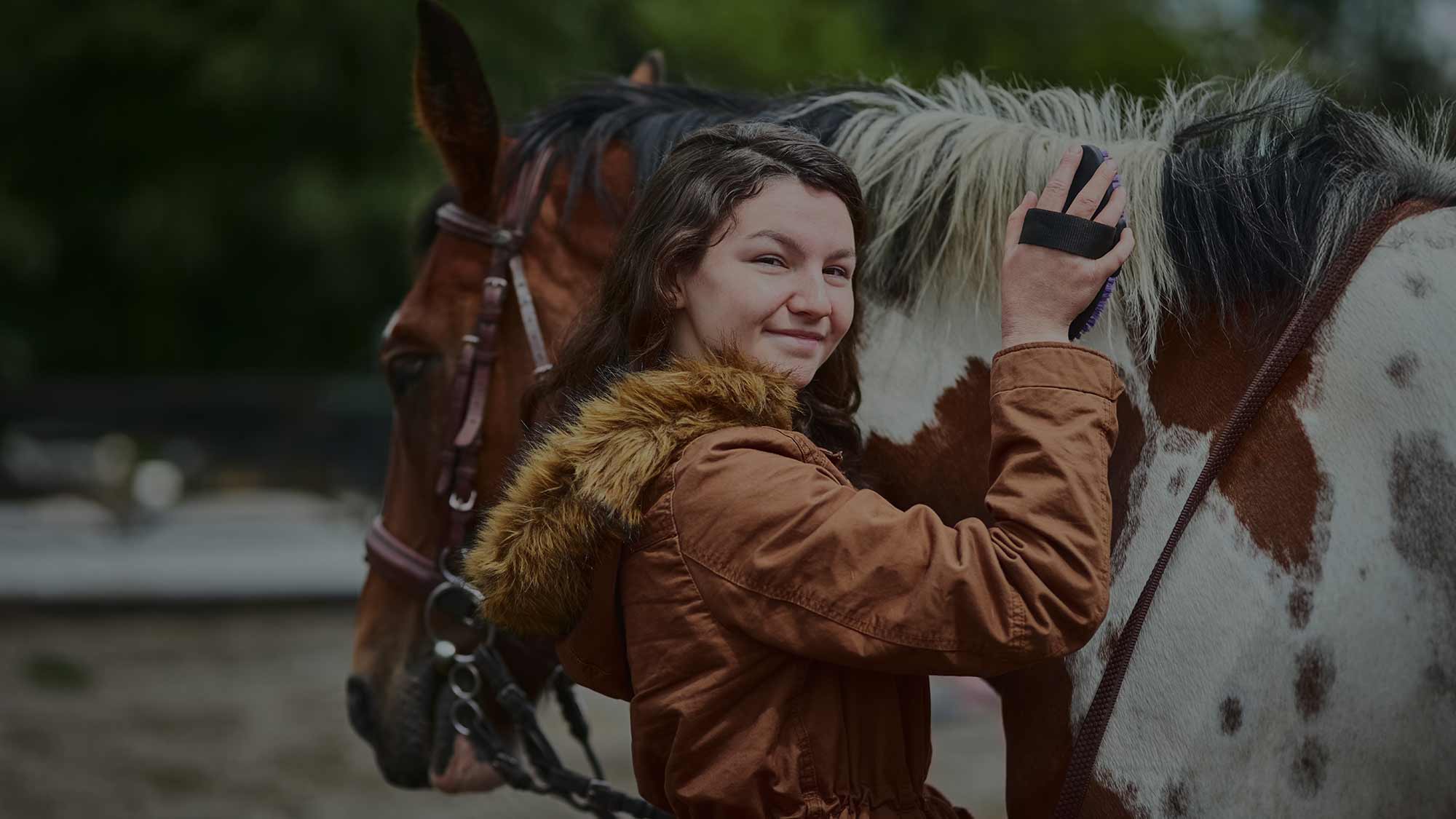 Woman grooming her horse at Quail Run Farm