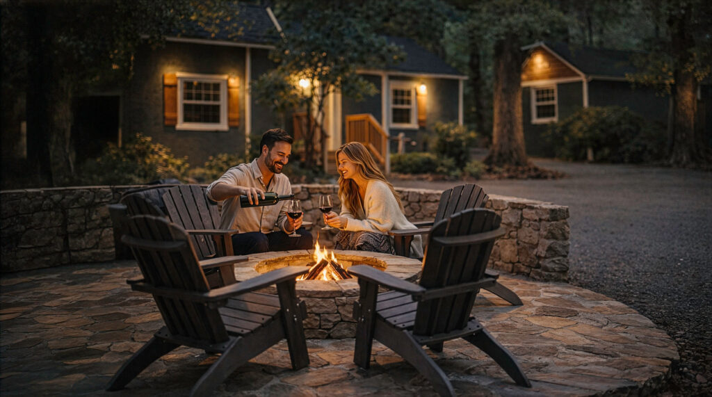 Couple enjoying wine by the fire pit at Lookout Mountain Inn in Lookout Mountain, Georgia, with cozy cottage-style lodging and wooded surroundings at twilight.
