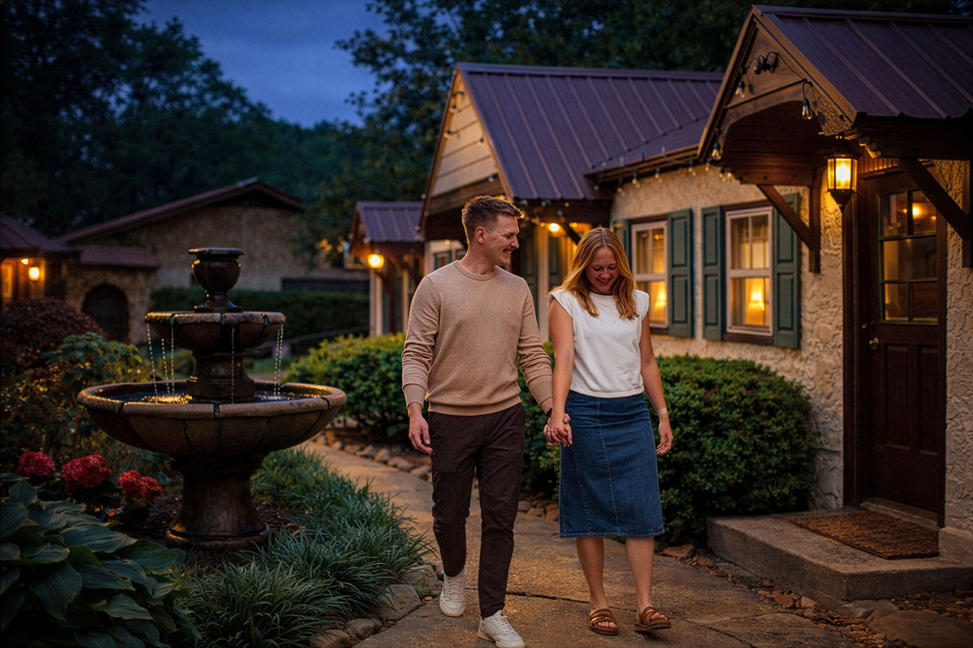 Couple walking hand in hand at Riverview Inn in Chattanooga, Tennessee, beside a fountain and charming cottage-style lodging at twilight.