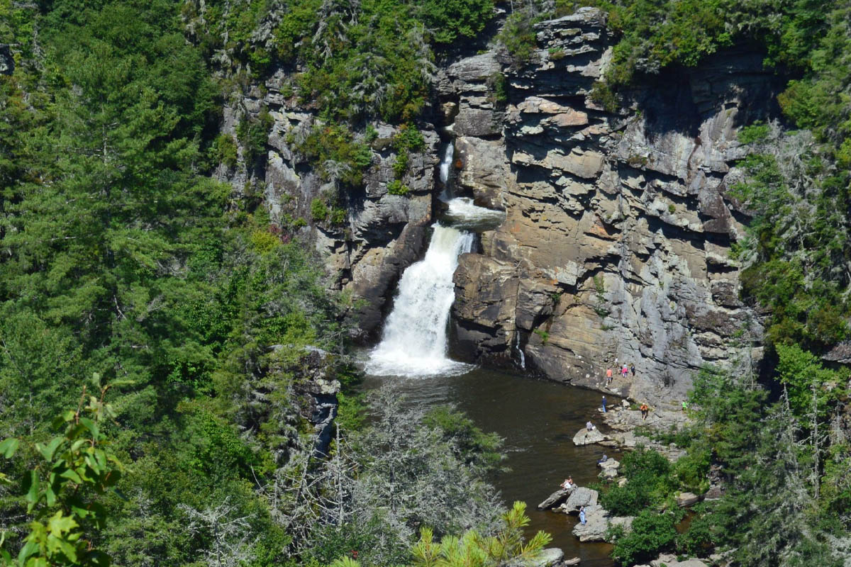 Linville Falls cascading into a rocky gorge in Linville Gorge Wilderness, North Carolina