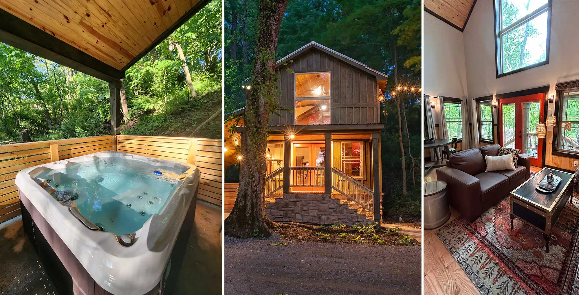 private hot tub under a pavilion surrounded by trees.