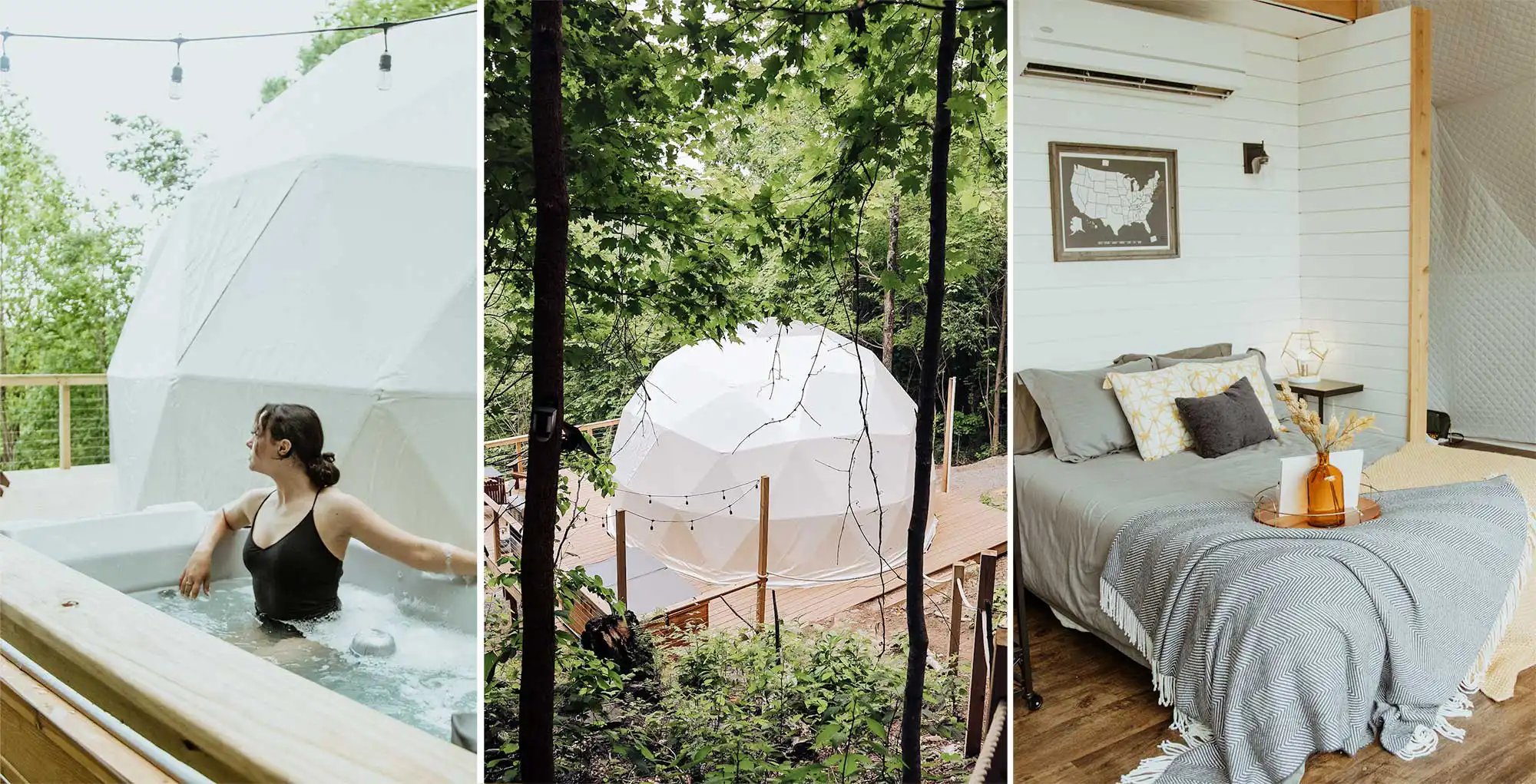 Woman relaxing in a private hot tub next to a geodesic glamping dome
