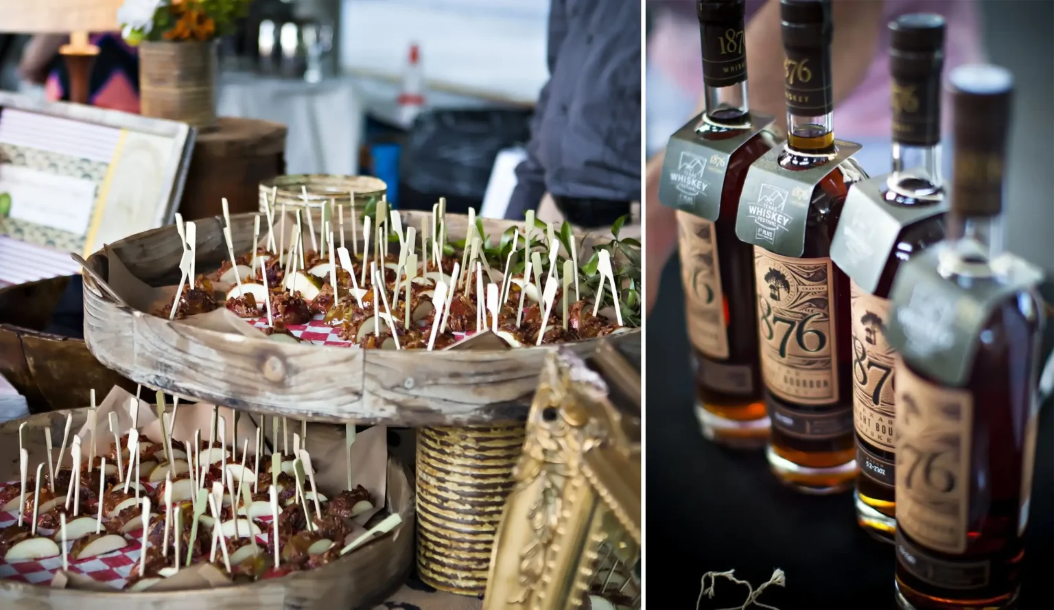 Whiskey bottles and tasting samples at Bacon and Barrel Festival