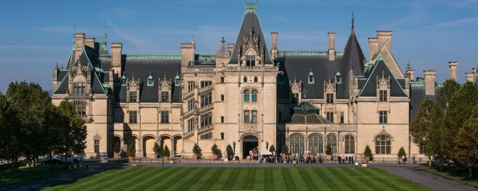 Biltmore Estate mansion in Asheville, North Carolina with grand architecture and landscaped lawn