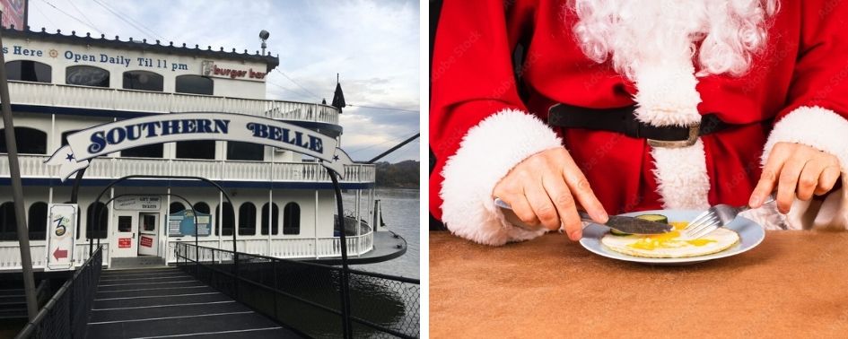 Southern Belle Riverboat docked in Chattanooga during winter holiday season.