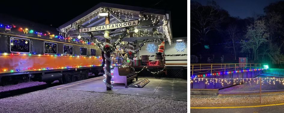 Holiday Christmas lights train ride in Chattanooga Tennessee at night.