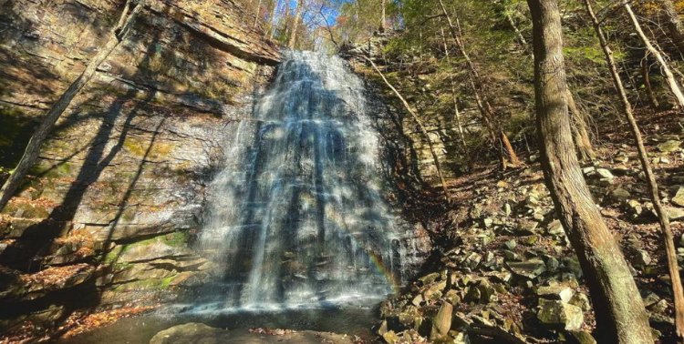 Denny Cove Falls flowing down rock face in Sequatchie Valley