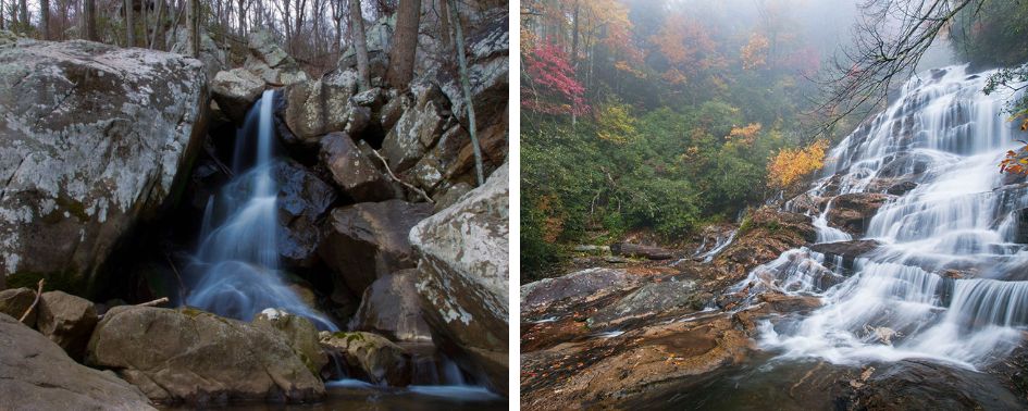 Glen Falls waterfall flowing through rocky forest terrain.
