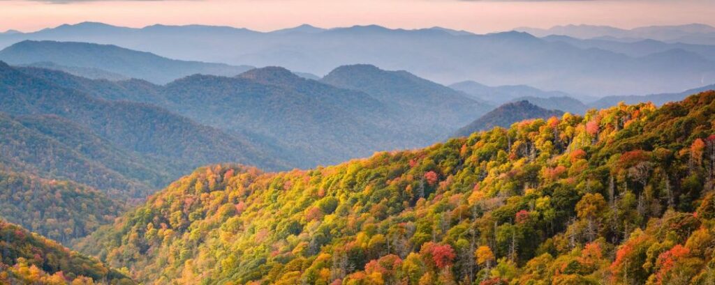 Panoramic view of the Great Smoky Mountains with fall foliage