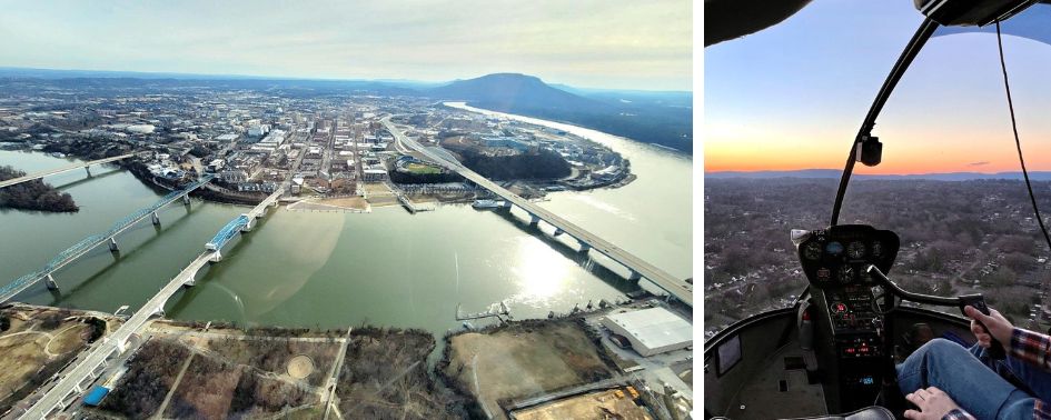 Helicopter cockpit view flying over fall foliage in Chattanooga