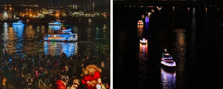 Holiday reindeer display along the Chattanooga riverfront at night.