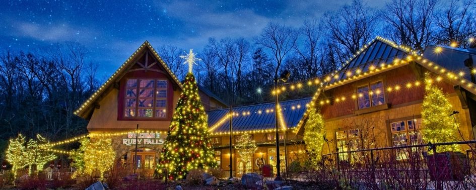 Ruby Falls Christmas Underground holiday lights inside the cave in Chattanooga Tennessee
