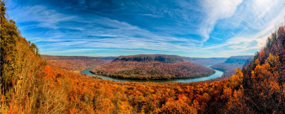Tennessee River Gorge framed by colorful fall leaves near Chattanooga
