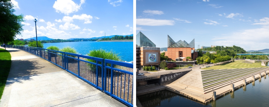 Chattanooga Riverwalk passing city buildings and waterfront