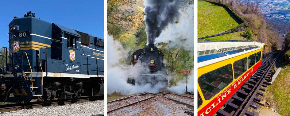 Colorful passenger railcar on scenic fall train ride in Tennessee
