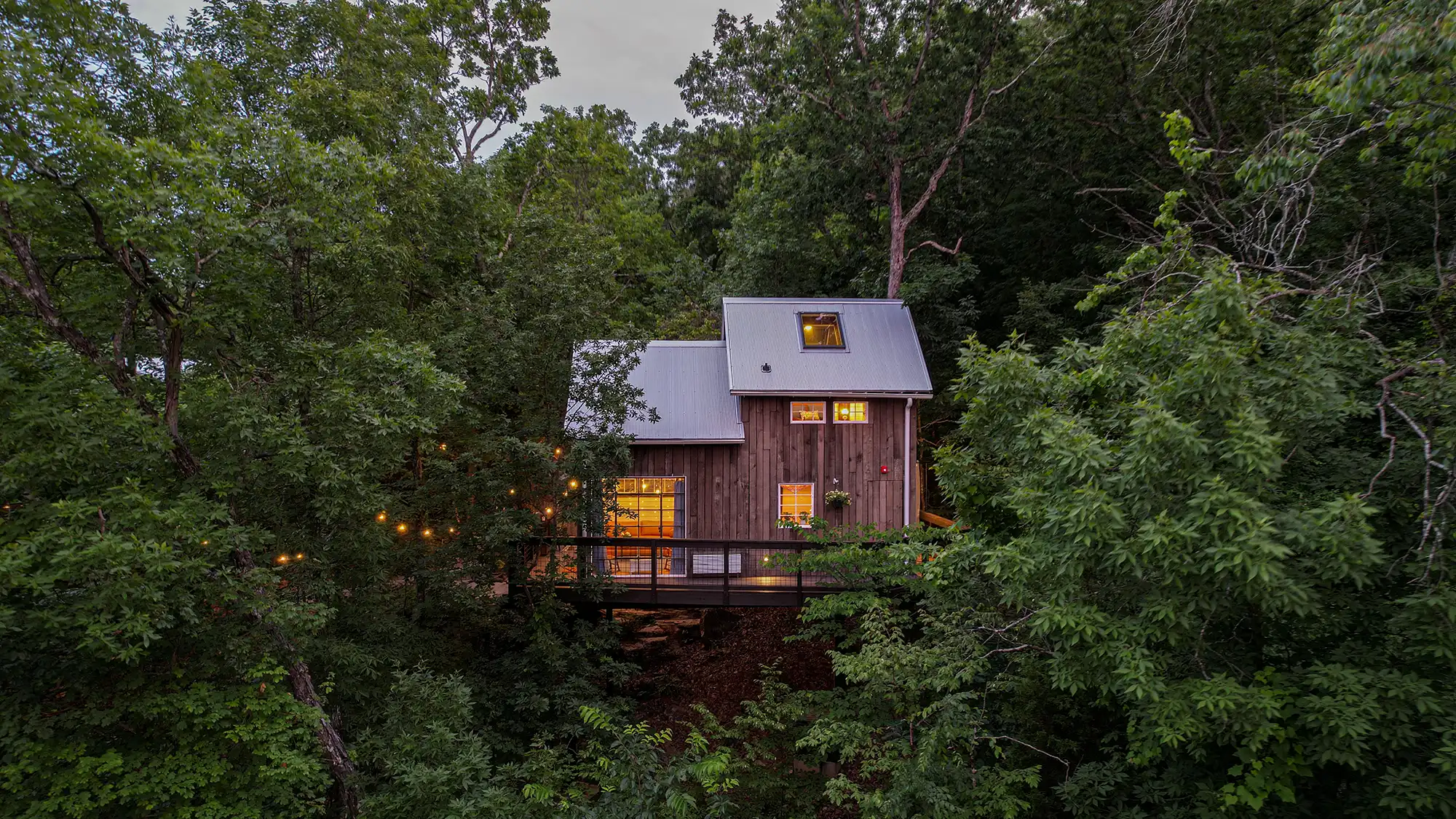 Treehouse cabin nestled in the forest surrounded by trees at dusk