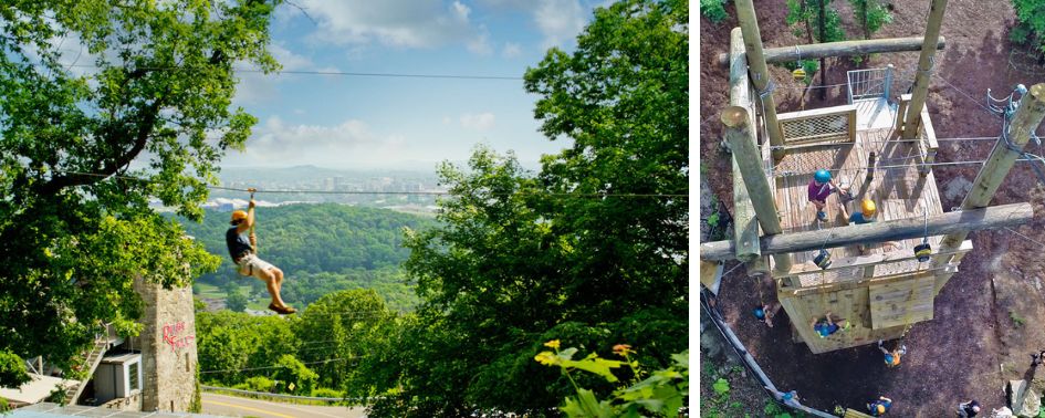 Zipliner overlooking Chattanooga valley surrounded by autumn trees