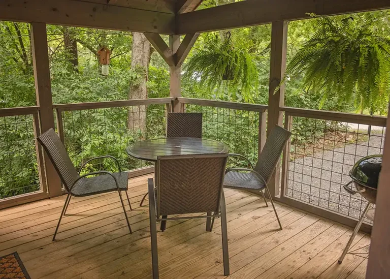table with 4 chairs on the porch of a tiny cabin in the woods