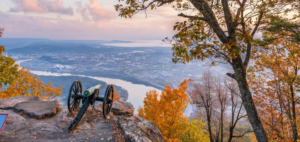 Scenic overlook on Lookout Mountain above Chattanooga with autumn trees and river views