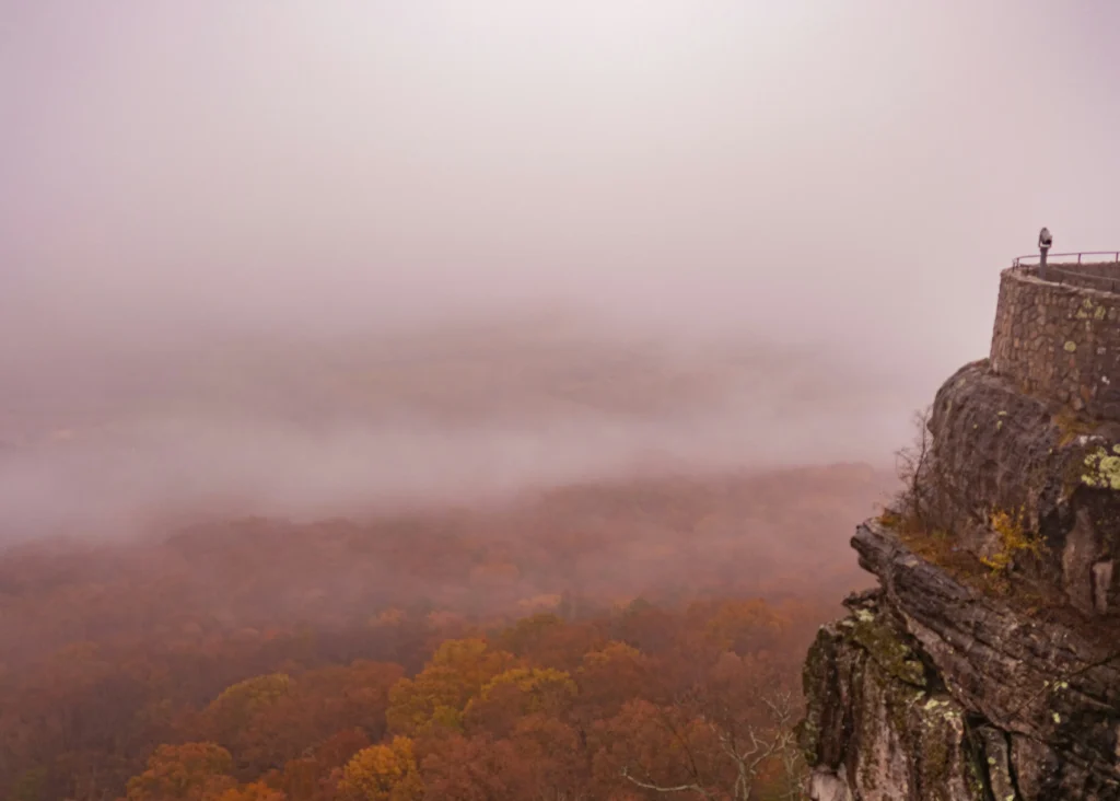 Misty sunset view from Lover’s Leap at Rock City Gardens on Lookout Mountain