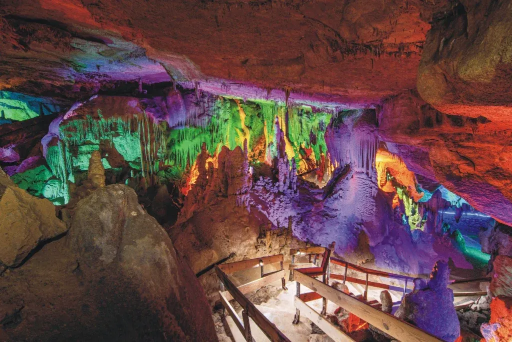 Colorfully lit cave formations inside Raccoon Mountain Caverns near Chattanooga, Tennessee