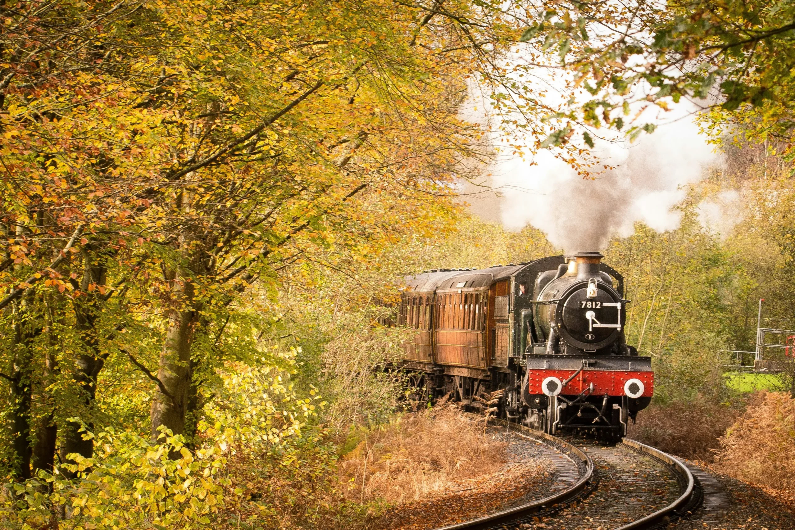 Historic steam train traveling through fall foliage in eastern Tennessee