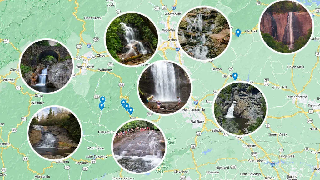 Map of western North Carolina highlighting waterfalls along the Blue Ridge Parkway with circular photo markers