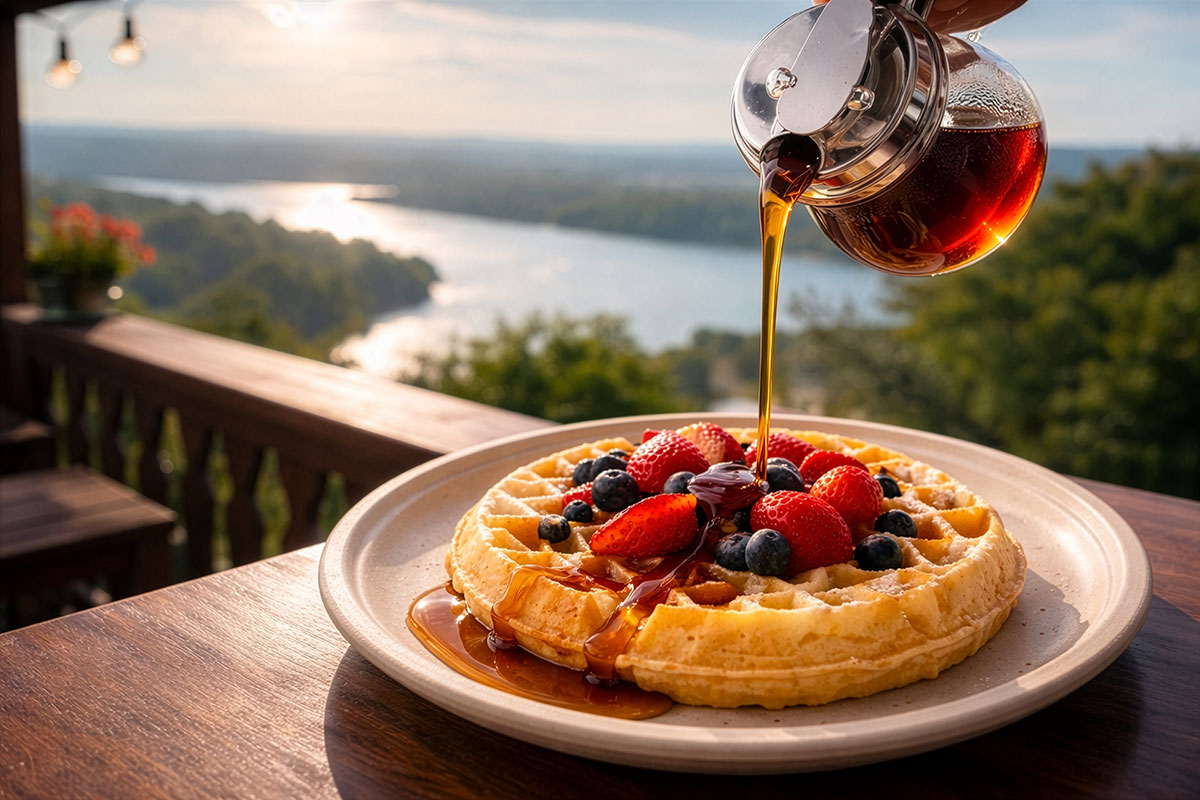 Fresh waffles topped with strawberries, blueberries, and syrup on a plate overlooking a scenic river view from the deck at Riverview Inn.